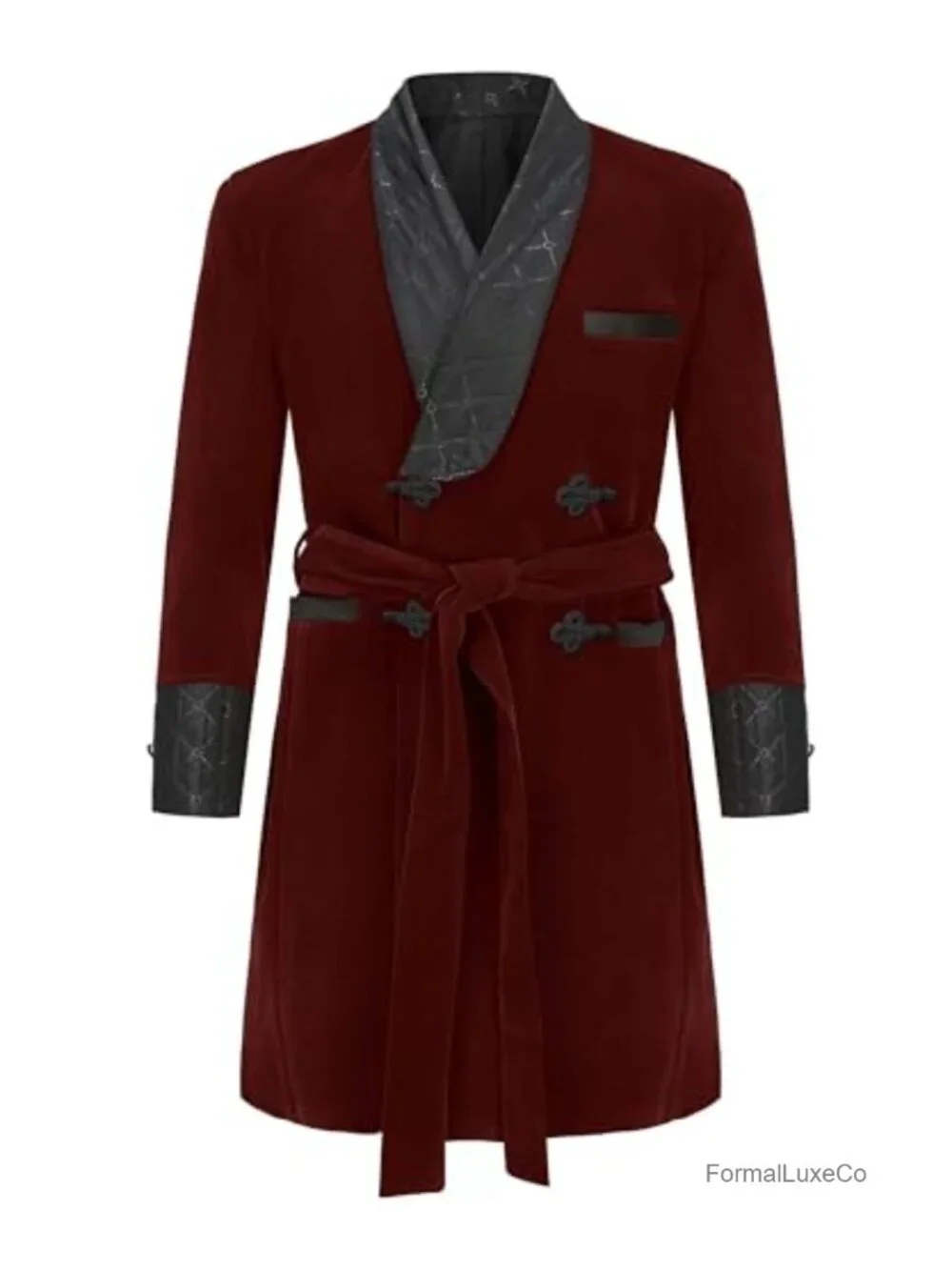 Men's Velvet Smoking Jacket Quilted Lapel Double Breasted Long Coat with Belt